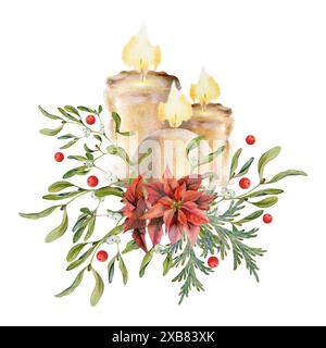 Bougies avec fleur de poinsettia, branches de gui et baies. Aquarelle illustration dessinée à la main, composition isolée sur blanc. Noël, heureux nouveau Banque D'Images