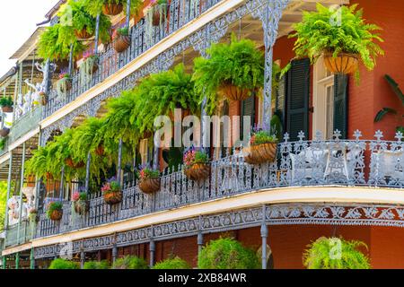 Quartier français, Nouvelle-Orléans, État de Louisiane, États-Unis. Les maisons de ville de la Nouvelle-Orléans (bâtiments plus anciens) ont souvent des galeries en fonte avec un balste orné Banque D'Images