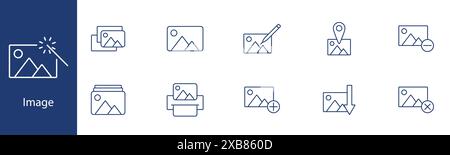 Icône ensemble d'images. Photo, modifier, galerie, emplacement, supprimer, ajouter, télécharger, baguette magique, image, graphique. Photographie, retouche d'image, conception de contenu visuel Illustration de Vecteur