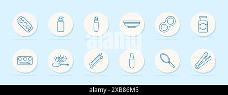 Icône ensemble beauté. Lame de rasoir, lotion, maquillage, soins des yeux, lentilles de contact, et des outils de soins capillaires. Cosmétique, soin de la peau, concept de soins personnels. Illustration de Vecteur