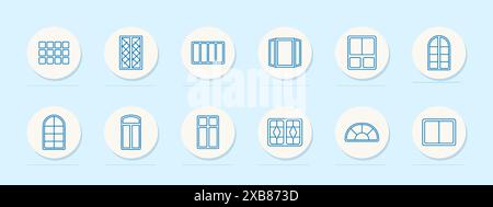 Icône de jeu de fenêtres. Divers modèles de fenêtres, y compris les fenêtres cintrées, coulissantes et à battant. Maison, architecture, concept de design. Illustration de Vecteur