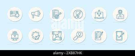 Icône de l'ensemble Teambuilding. Mains, mégaphone, fusée, idées, travail d'équipe, intégration, leader, planification, unité, collaboration. Culture d'entreprise, coopération co Illustration de Vecteur
