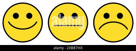 ensemble d'icônes d'émoticône, trois emoji - heureux, triste et neutre, symbole de visage souriant, illustration vectorielle de couleur Illustration de Vecteur