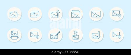 Icône du jeu de retouche photo. Baguette magique, pile d'images, graphique de croissance, dossier, impression, crayon, épingle de carte, flèche vers le bas, supprimer. Retouche, amélioration, photographie t Illustration de Vecteur