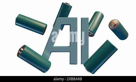 Rendu 3D des batteries au lithium avec le mot 'ai' signifie Intelligence artificielle Banque D'Images
