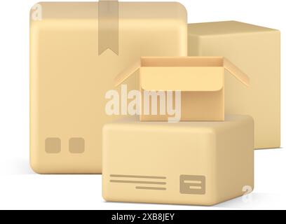Tas de colis de boîte en carton enveloppé par le stockage d'entrepôt de papier artisanal scellé livraison de cargaison ouverte 3d icône illustration vectorielle réaliste. Colis postal fr Illustration de Vecteur