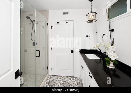 Salle de bains monochrome avec deux lavabos et douche vitrée Banque D'Images