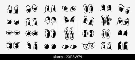 Retro dessin animé Funny Eyes. Groovy vintage 30s 60s 70s yeux avec diverses émotions Illustration de Vecteur