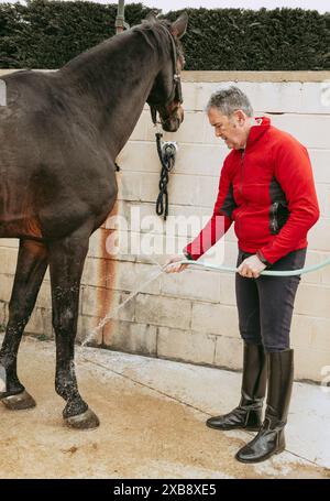 Homme retraité lavant son cheval avec un tuyau après une balade dans la campagne, démontrant les soins et l'entretien de son compagnon équin. Banque D'Images