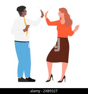 Employés heureux homme et femme donnant l'illustration vectorielle haute de cinq Illustration de Vecteur