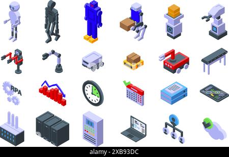 Icônes RPA définies. Concept de l'industrie de l'automatisation avec des robots produisant des marchandises, travaillant sur la ligne de production, l'interface logicielle et l'analyse de données. Vue isométrique Illustration de Vecteur