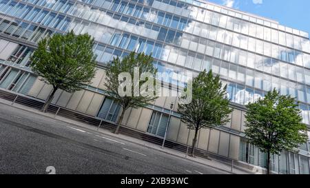 DAS Gebaeude Gebäude der Sparkasse Siegen. Der Himmel ist blau mit ein paar Wolken die sich in den Scheiben spiegeln. IM Vordergrund stehen Baeume Bäume mit gruenen grünen Blaettern Blättern. Sparkasse AM 11.06.2024 à Siegen/Deutschland. *** Le bâtiment de la Sparkasse Siegen le ciel est bleu avec quelques nuages reflétés dans les fenêtres au premier plan sont des arbres arbres avec des feuilles vertes Sparkasse le 11 06 2024 à Siegen Allemagne Banque D'Images