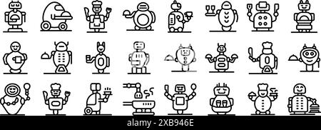 jeu d'icônes de restaurant robot. Différents robots travaillant dans le restaurant, servant des icônes de ligne de nourriture et de boissons Illustration de Vecteur