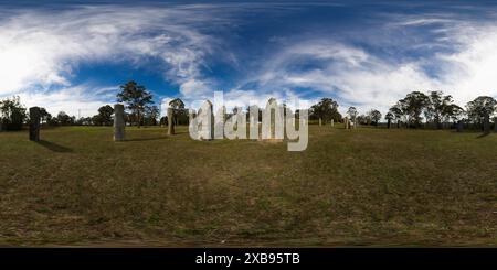 Vue panoramique à 360° de vue panoramique à 360 degrés d'un cimetière serein avec diverses pierres tombales sous un ciel dynamique