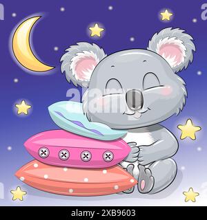 Mignon koala de dessin animé dort sur les oreillers. Illustration vectorielle de nuit sur un fond bleu foncé avec des étoiles et la lune. Illustration de Vecteur