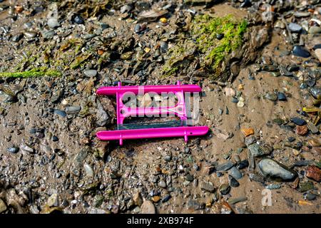 Un support de ligne de pêche rose sur un rivage boueux avec de la mousse et des rochers Banque D'Images