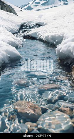 Un ruisseau coule à travers des montagnes glacées Banque D'Images