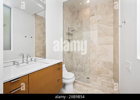 Une luxueuse salle de bains en marbre avec un élégant lavabo blanc, un miroir et des toilettes Banque D'Images