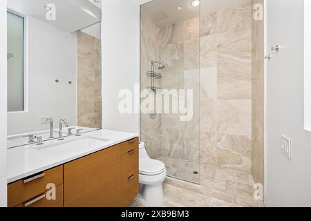 Salle de bains moderne avec douche à l'italienne, toilettes, meuble-lavabo et cabine de douche en verre Banque D'Images