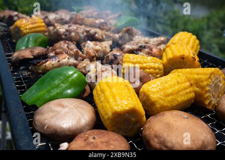 Maïs, maïs doux, poivron vert, champignons et cuisses de poulet sur le barbecue Banque D'Images