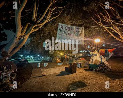 Santa Barbara, Californie, États-Unis. 11 juin 2024. 11 juin 2023 : manifestants pro-palestiniens sur le campus de l'UCSB au milieu de la nuit : globalisez le panneau Intifada au centre. (Crédit image : © Amy Katz/ZUMA Press Wire) USAGE ÉDITORIAL SEULEMENT! Non destiné à UN USAGE commercial ! Banque D'Images