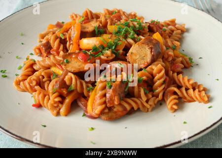 Goulash à la saucisse allemande avec pâtes spirales de blé entier Banque D'Images