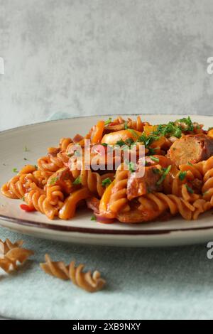 Goulash à la saucisse allemande avec pâtes spirales de blé entier Banque D'Images