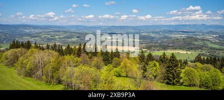 Une vue panoramique sur les montagnes de Krkonose depuis la montagne Kozakov dans le Paradis de Bohême, Tchéquie. L'image capture une journée ensoleillée avec un ciel dégagé et des collines verdoyantes. Banque D'Images