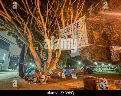 Santa Barbara, Californie, États-Unis. 11 juin 2024. 11 juin 2023 : manifestants pro-palestiniens sur le campus de l'UCSB au milieu de la nuit : globalisez le panneau Intifada au centre. (Crédit image : © Amy Katz/ZUMA Press Wire) USAGE ÉDITORIAL SEULEMENT! Non destiné à UN USAGE commercial ! Banque D'Images