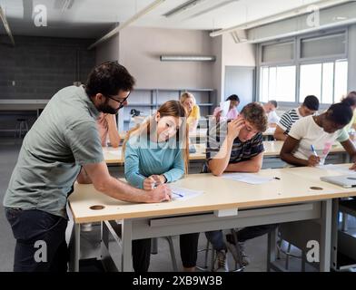 Enseignant de sexe masculin conseillant un groupe d'élèves divers en classe. Lycée, université Banque D'Images