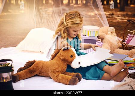 Livre de lecture, fille et pique-nique dans la forêt pour le développement, l'éducation ou l'histoire de conte de fées. Nature, fantaisie et enfant sur couverture avec animal en peluche Banque D'Images