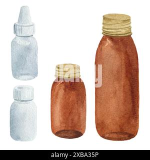 Pipette, thermomètre, seringue. Illustration d'aquarelle dessinée à la main isolée sur le fond blanc. Pour la conception, affiches, autocollants, illustration article Banque D'Images