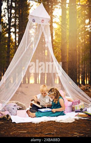 Pique-nique, enfants et livre de lecture dans la forêt pour le développement, l'éducation ou l'histoire de conte de fées. Nature, créatifs et jeunes enfants sur couverture avec dessin pour Banque D'Images