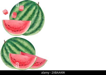 Pastèque entière, tranche juteuse avec quelques graines. Cadre vertical aquarelle isolé sur fond blanc, dessiné à la main pour la conception alimentaire. Paquets, jus Banque D'Images