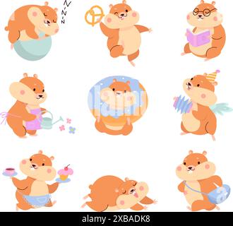 Hamsters de dessins animés. Hamster moelleux mignon dans différentes poses. Drôles de rongeurs endormis, jouant et mangeant. Animaux gras diverses situations, aujourd'hui vecteur Illustration de Vecteur