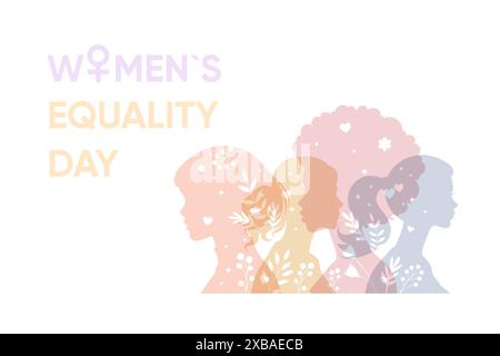 Bannière, affiche Journée de l'égalité des femmes. Silhouette féminine, avec des fleurs simples. Illustration de Vecteur