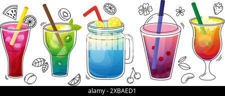 Doodle smoothies. Boissons aux fruits frais et aux baies. Boissons rafraîchissantes dessinées à la main, smoothie d'été en verre avec de la glace, ensemble vecteur néotérique Illustration de Vecteur
