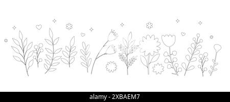 Un ensemble de silhouettes simples de fleurs, de plantes, de botanique. Illustration vectorielle, isolée sur blanc Illustration de Vecteur