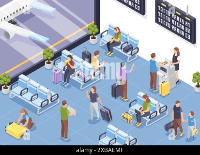 Salle d'attente isométrique de l'aéroport. Zone de départ avec passagers avec valises et sacs. Les voyageurs attendent l'embarquement dans l'avion, scène vectorielle impeccable Illustration de Vecteur