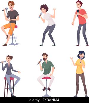 Comédie des gens. Personnages masculins et féminins à micro ouvert debout avec des microphones et plaisantant vecteur exact stand-up montrent des images Illustration de Vecteur