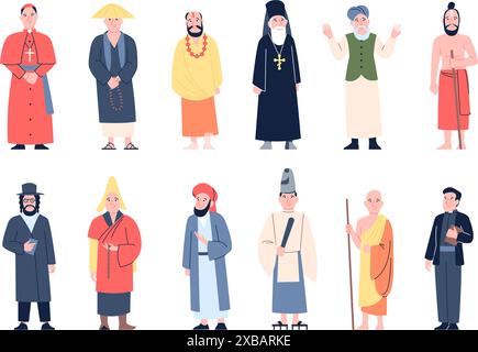 Personnages religieux. Les hommes dans la prêtrise, les dirigeants de différentes églises et les moines. judaïsme musulman chrétien et bouddhisme masculin, ensemble vectoriel récent religieux Illustration de Vecteur