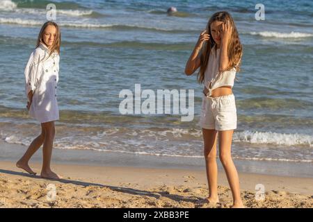 Cette image capture un moment serein de deux belles sœurs jumelles, chacune avec leurs caractéristiques uniques, en profitant Banque D'Images