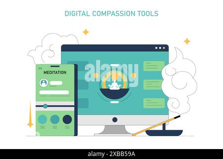 Concept de thérapie centrée sur la compassion. Outils numériques pour le bien-être mental, avec application de méditation et interfaces de bureau. La pleine conscience et la technologie d'auto-soin. Illustration vectorielle. Illustration de Vecteur