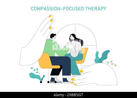 Concept de thérapie centrée sur la compassion. Séance de conseil de soutien avec des mains nourrissantes. Guérison émotionnelle et soins mentaux. Illustration vectorielle. Illustration de Vecteur