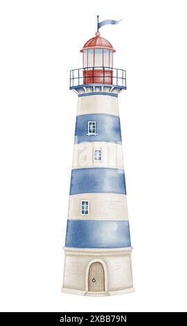 Illustration de phare aquarelle avec des rayures bleues et blanches. Dessin de Light House dans des couleurs pastel pour la conception de bébé dans le style nautique. Art of Beacon pour cartes de vœux et art mural. Banque D'Images