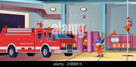 Garage de caserne de pompiers. Hangar vide intérieur de dessin animé de pompier pour bâtiment de département de ville de brigade de pompiers moteur à l'intérieur de l'uniforme rouge de pompier dans la pièce, illustration vectorielle récente Illustration de Vecteur