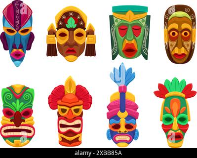 Masques rituels tribaux. Visages de masque totem traditionnel ethnique, religion de tribu mexicaine aztèque africaine idole spirituelle face afro carnaval indigène, illustration vectorielle ingénieuse de masque facial ethnique totem Illustration de Vecteur