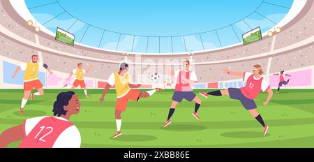 Joueurs de football dans le stade. Attaque d'équipe de joueur de football ou jeu de défense sur le terrain, concours dynamique de coupe du monde de match de sport de jeu, illustration vectorielle classe de ballon de but de footballeur de coup de pied du football Illustration de Vecteur