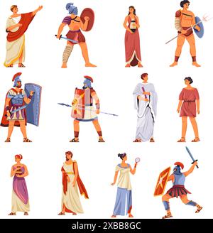 Personnages de la rome antique. Peuple grec romain historique civilisation grecque, gladiateur soldat auxiliaire césar empereur hiérarchie aristocrate en toga, illustration vectorielle récente de caractère grec ancien Illustration de Vecteur