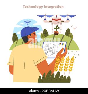 Concept d'agriculture intelligente. Farmer utilise la technologie et un drone pour l'efficacité de l'agriculture. Surveillance innovante des cultures, avancées technologiques durables. Illustration vectorielle. Illustration de Vecteur